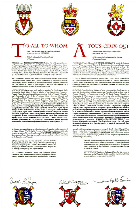 Lettres patentes concédant des emblèmes héraldiques à Louis Ernest Grimshaw