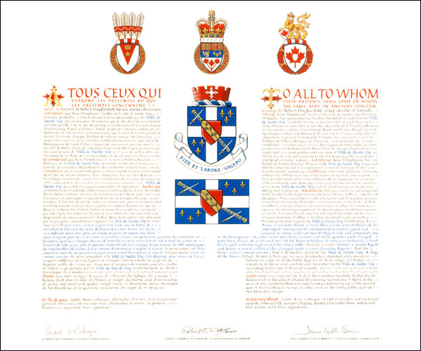 Letters patent granting heraldic emblems to the Ville de Sainte-Foy