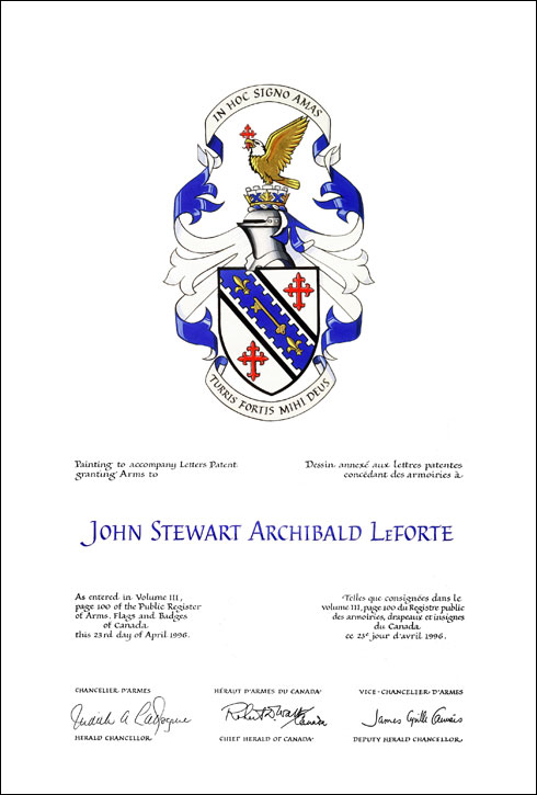 Lettres patentes concédant des emblèmes héraldiques à John Stewart Archibald LeForte