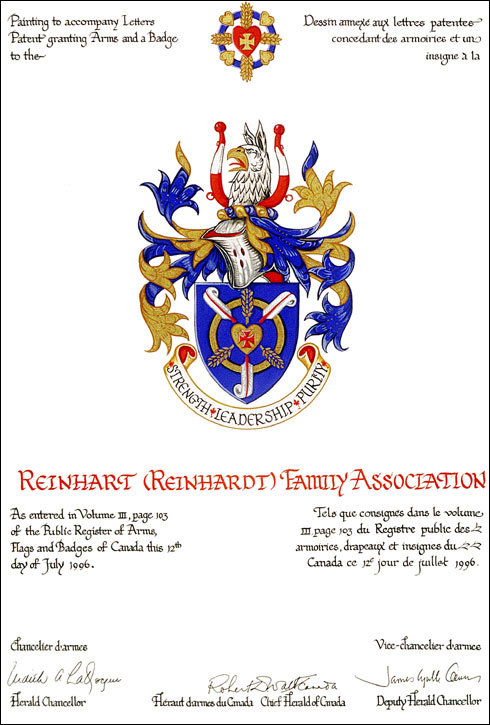 Lettres patentes concédant des emblèmes héraldiques à la Reinhart (Reinhardt) Family Association