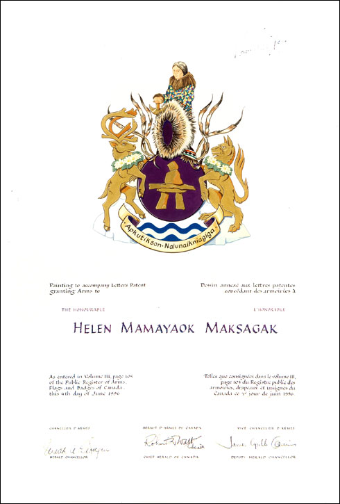 Letters patent granting heraldic emblems to Helen Mamayaok Maksagak