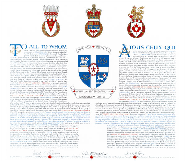 Letters patent granting heraldic emblems to St. Clement Church