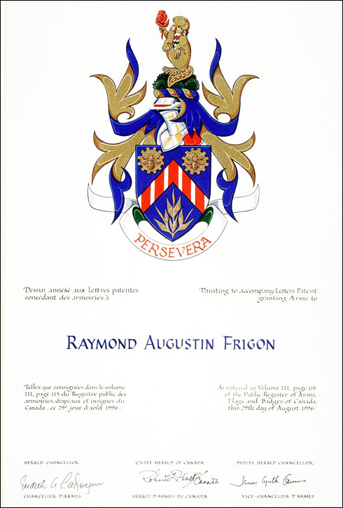 Letters patent granting heraldic emblems to Raymond Augustin Frigon