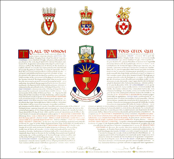 Letters patent granting heraldic emblems to St. Augustine's Seminary