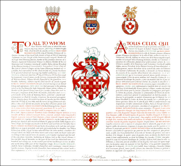 Letters patent granting heraldic emblems to Nigel Harry Richardson