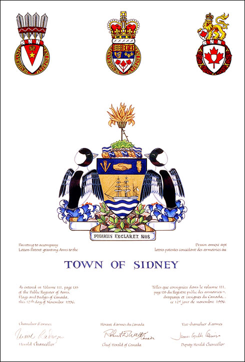 Letters patent granting heraldic emblems to the Town of Sidney