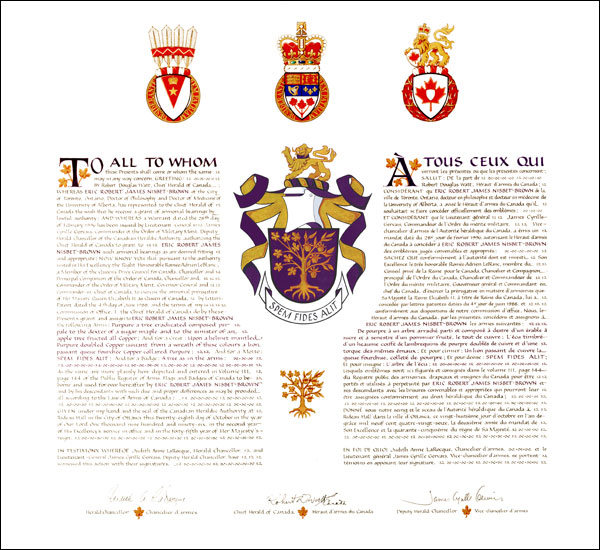 Letters patent granting heraldic emblems to Eric Robert James Nisbet-Brown