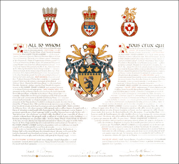 Letters patent granting heraldic emblems to Richard James Currie