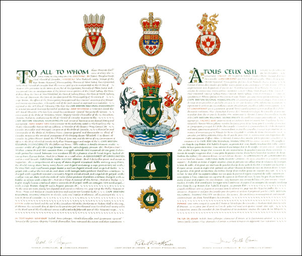 Letters patent granting heraldic emblems to the Cape Breton Regional Municipality