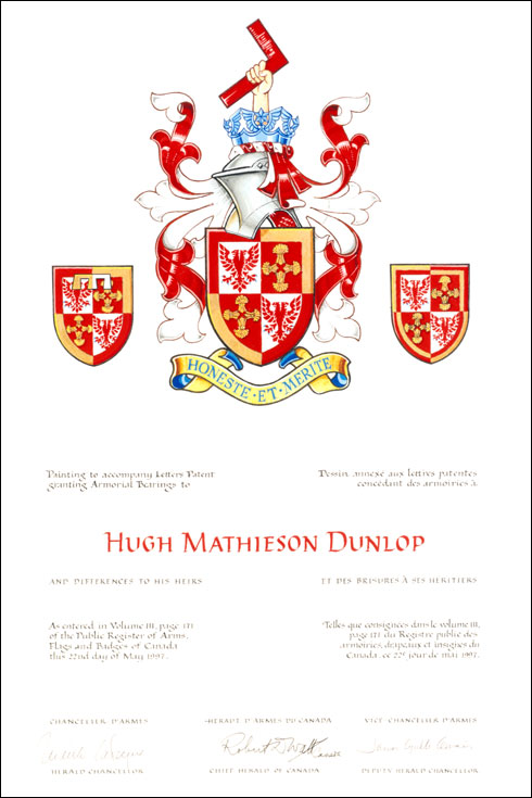 Lettres patentes concédant des emblèmes héraldiques à Hugh Mathieson Dunlop