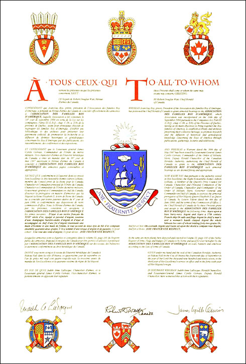 Letters patent granting heraldic emblems to the Association des familles Roy d'Amérique