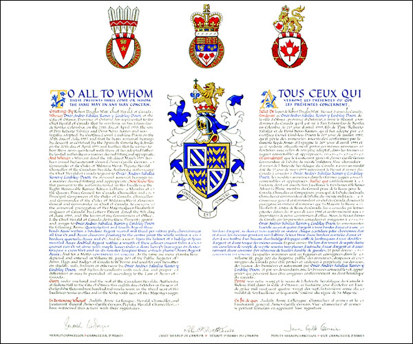 Letters patent granting heraldic emblems to Omãr Andrés Sabalza Ramos y Lindsley-Dixon