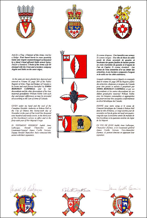 Letters patent granting heraldic emblems to Emma Bergman Campbell