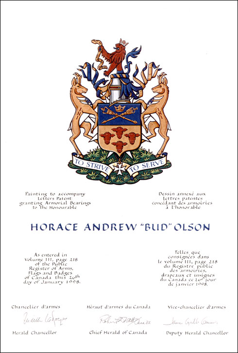 Letters patent granting heraldic emblems to Horace Andrew (Bud) Olson