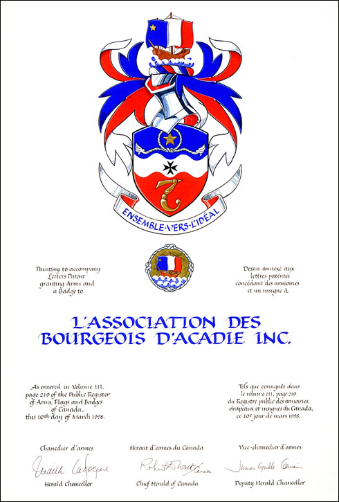 Lettres patentes concédant des emblèmes héraldiques à L'Association des Bourgeois d'Acadie Inc.