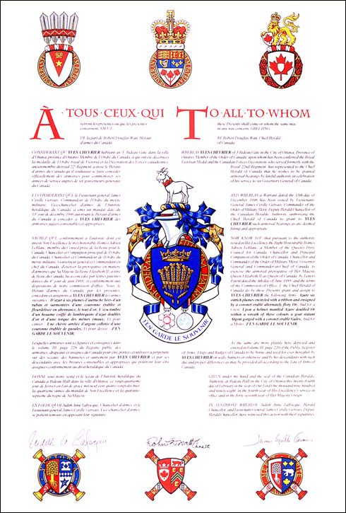 Letters patent granting heraldic emblems to Yves Chevrier