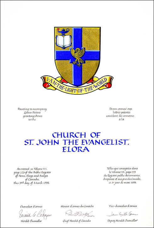 Letters patent granting heraldic emblems to the Church of St. John the Evangelist