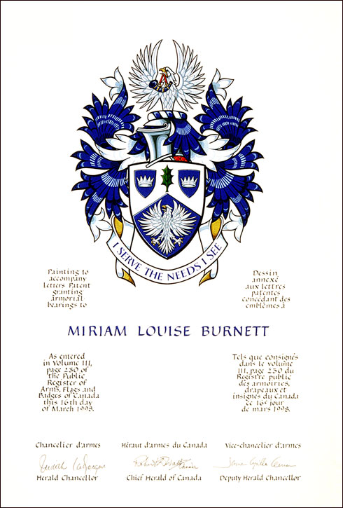 Lettres patentes concédant des emblèmes héraldiques à Miriam Louise Burnett