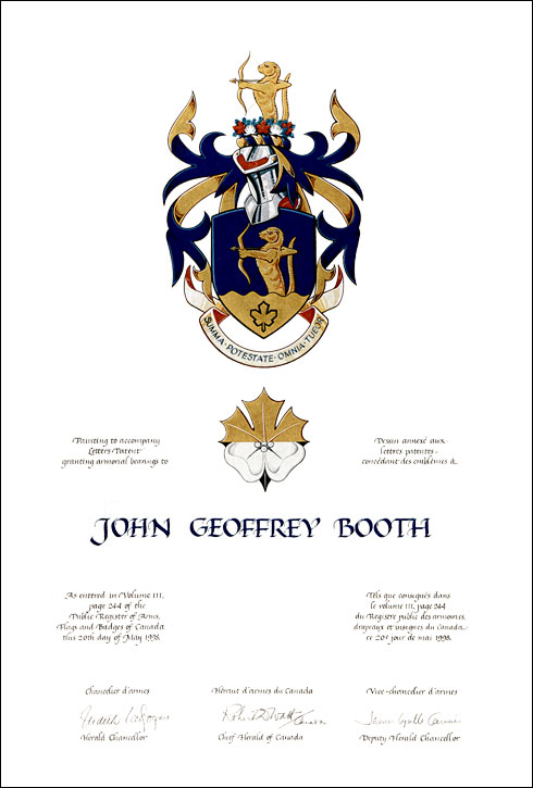 Letters patent granting heraldic emblems to John Geoffrey Booth