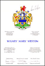 Letters patent granting heraldic emblems to Hilary Mary Weston