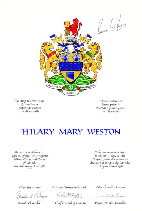 Letters patent granting heraldic emblems to Hilary Mary Weston