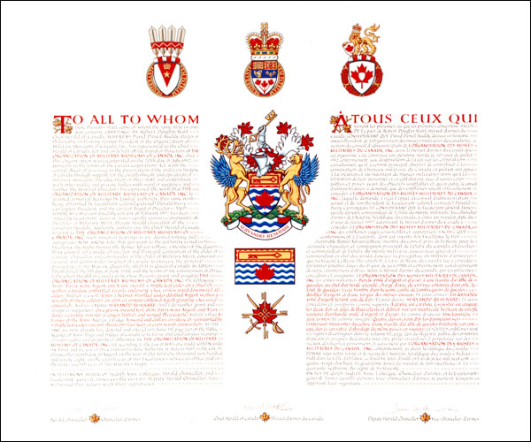 Lettres patentes concédant des emblèmes héraldiques à L'organisation des musées militaires du Canada, Inc.