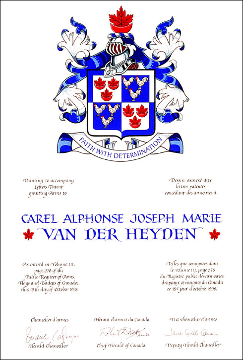 Letters patent granting heraldic emblems to Carel Alphonse Joseph Marie van der Heyden