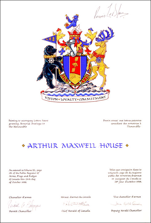 Letters patent granting heraldic emblems to Arthur Maxwell House