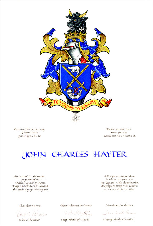 Lettres patentes concédant des emblèmes héraldiques à John Charles Hayter