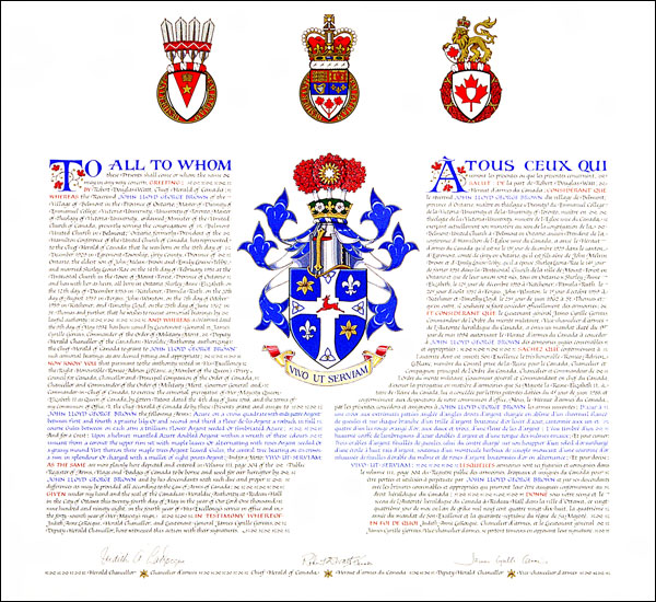 Letters patent granting heraldic emblems to John Lloyd George Brown