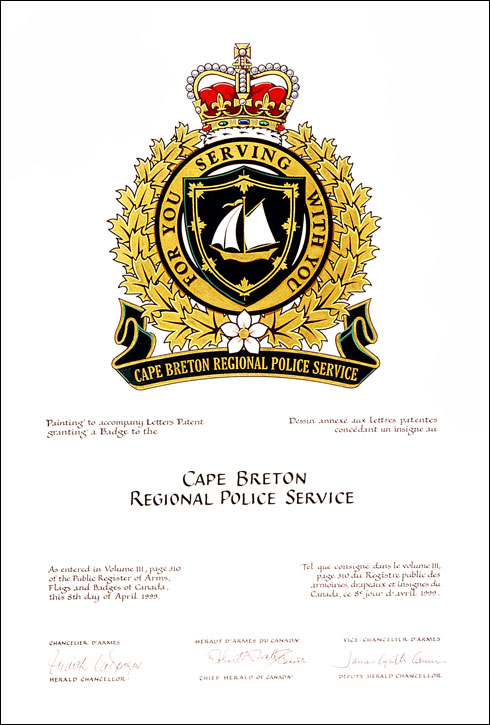 Letters patent granting heraldic emblems to the Cape Breton Regional Police Service