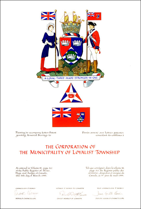 Lettres patentes concédant des emblèmes héraldiques à The Corporation of the Municipality of Loyalist Township