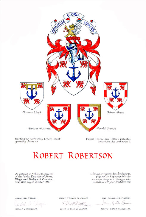 Letters patent granting heraldic emblems to Robert Robertson