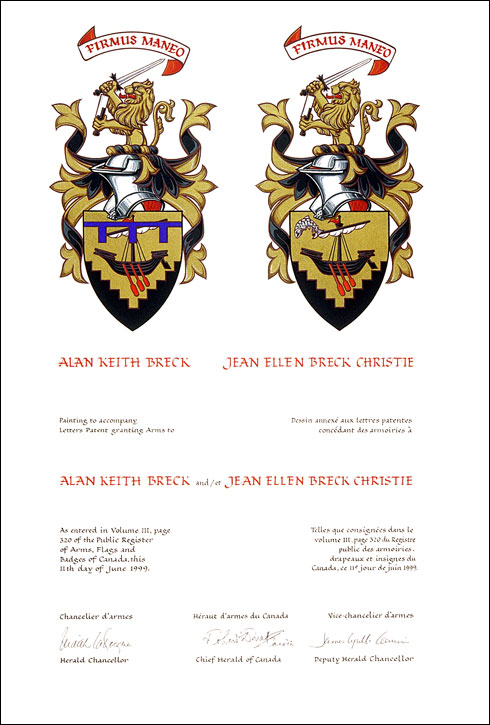 Letters patent granting differenced Arms to Alan Keith Breck and Jean Ellen Breck Christie