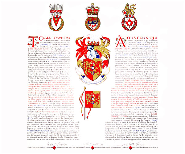 Letters patent granting heraldic emblems to David Stewart Olson