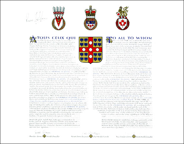 Letters patent granting heraldic emblems to the Séminaire de Québec