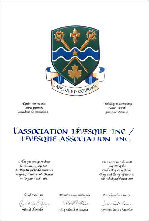 Letters patent granting heraldic emblems to the Levesque Association Inc.