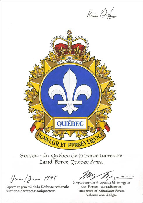 Lettres patentes approuvant l'insigne du Secteur du Québec de la Force terrestre