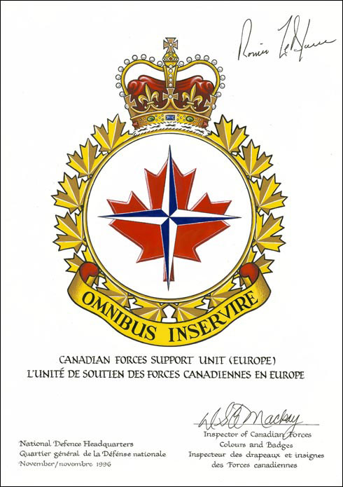 Letters patent approving the Badge of the Canadian Forces Support Unit (Europe)