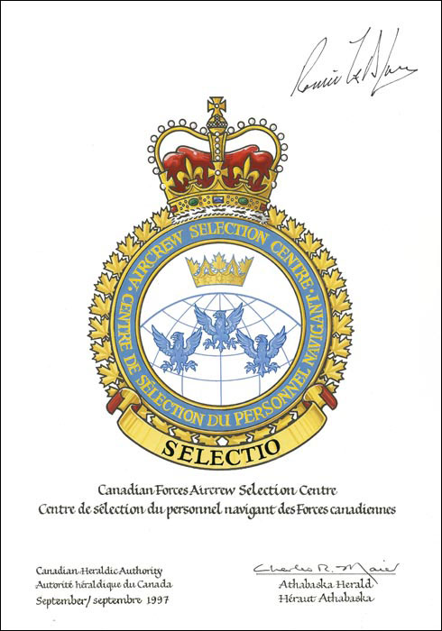 Lettres patentes approuvant l’insigne du Centre de sélection du personnel navigant des Forces canadiennes