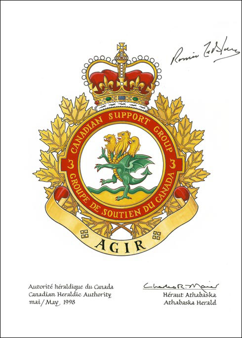 Lettres patentes approuvant l’insigne du 3e Groupe de soutien du Canada