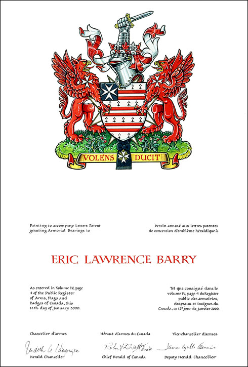 Lettres patentes concédant des emblèmes héraldiques à Eric Lawrence Barry