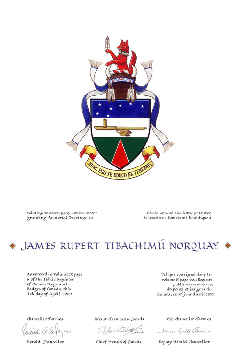 Letters patent granting heraldic emblems to James Rupert Tibachimú Norquay