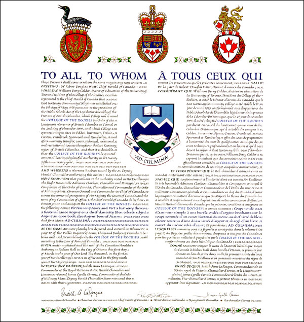 Letters patent granting heraldic emblems to the College of the Rockies