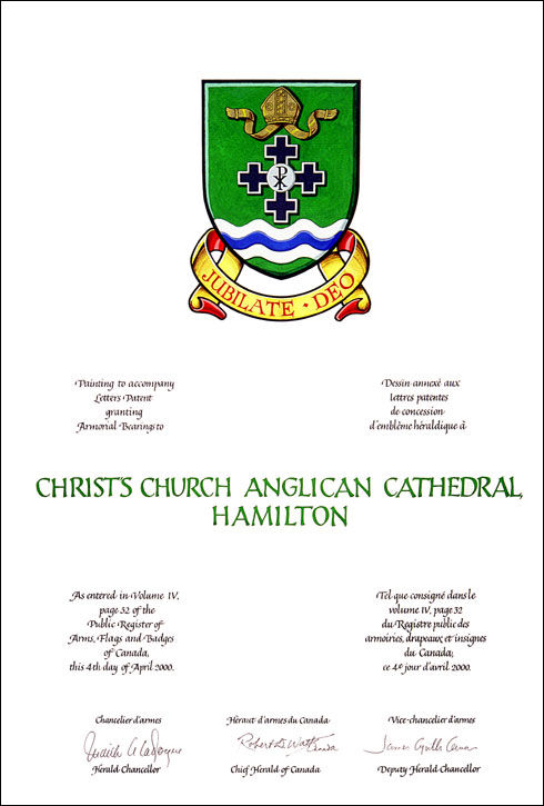 Letters patent granting heraldic emblems to Christ's Church Anglican Cathedral, Hamilton