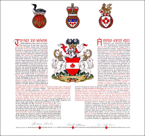 Letters patent granting heraldic emblems to the Friends of Austria