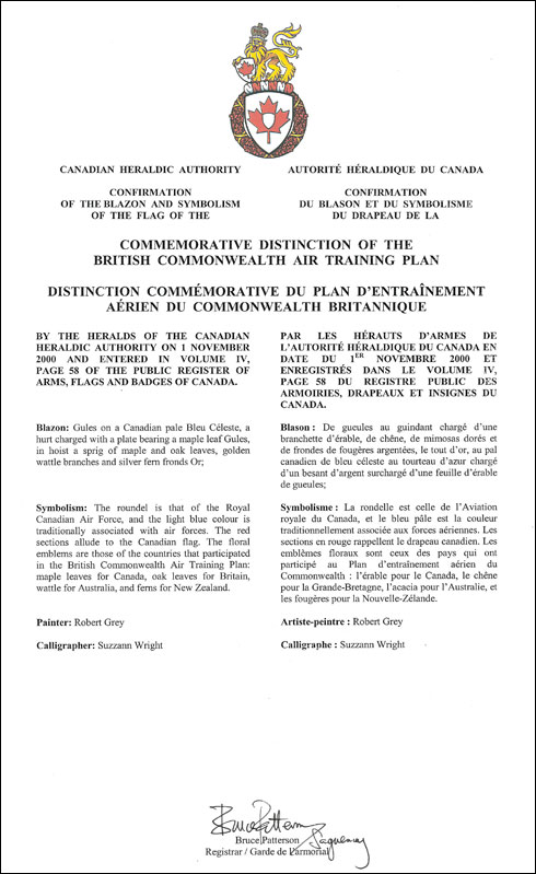 Approbation du drapeau de la Distinction commémorative du Plan d'entraînement aérien du Commonwealth britannique