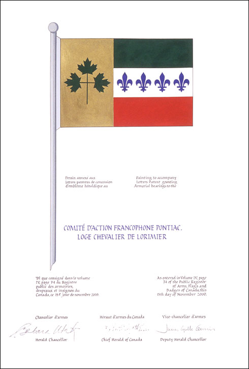 Letters patent granting heraldic emblems to the Comité d'action francophone Pontiac, Loge Chevalier de Lorimier