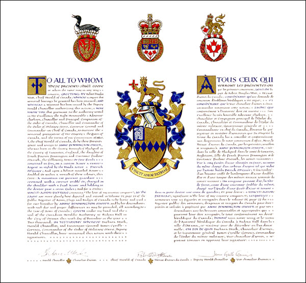 Letters patent granting heraldic emblems to Anne Pennington Mayer