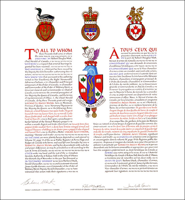 Letters patent granting heraldic emblems to Kenneth Angus Munn